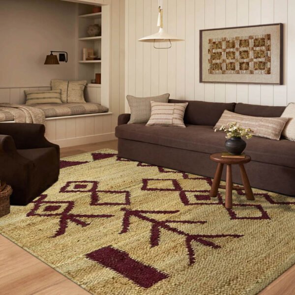 Modern Beige Maroon Hand Woven Jute Rug - Image 2