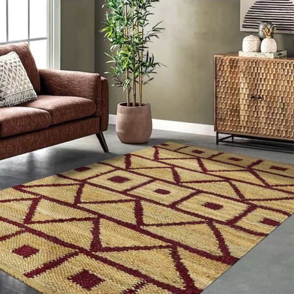 Maroon Color Natural Hand Woven Jute Rug - Image 2