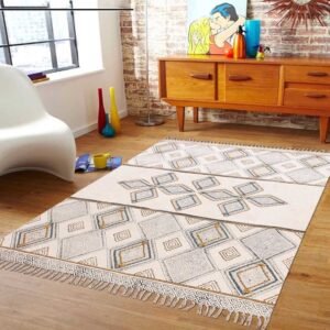 Hand Block Printed Moroccan Beige Area Rug