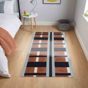 Striped Brown Navy Brown Hand Block Printed Rectangle Rug