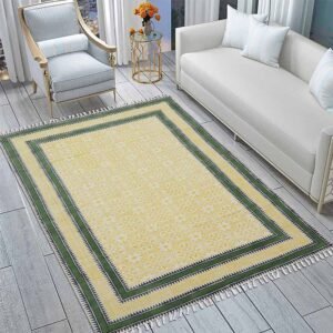 Yellow Block Printed Cotton Border Area Rug