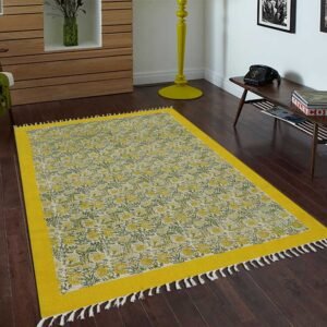 Yellow Cotton Block Printed Large Area Rug