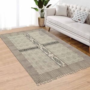 Block Printed Cotton Black Dining Area Rug
