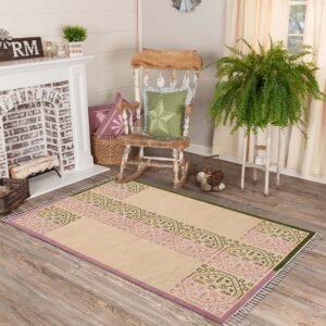 Beige Cotton Green Block Printed Area Rug
