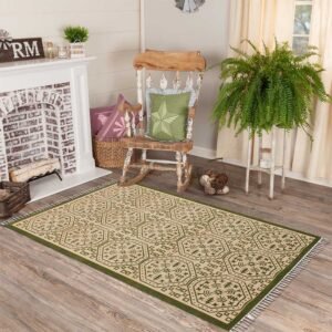 Green Block Printed Handmade Brown Large Rug