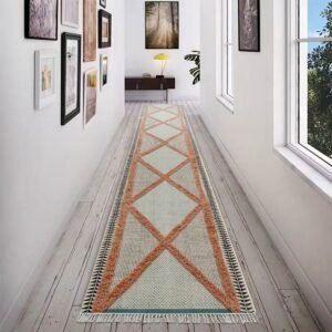 Blue Orange Block Printed Cotton Area Rug