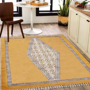 Handmade Large Area Rug Yellow Print Dhurrie