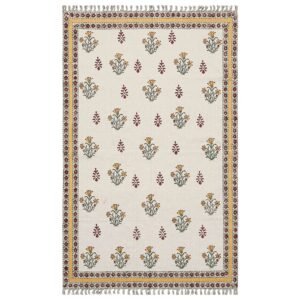 Yellow Floral Block Printed Cotton Area Carpet