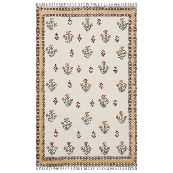 Yellow Floral Block Printed Cotton Area Carpet