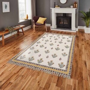 Yellow Floral Block Printed Cotton Area Carpet
