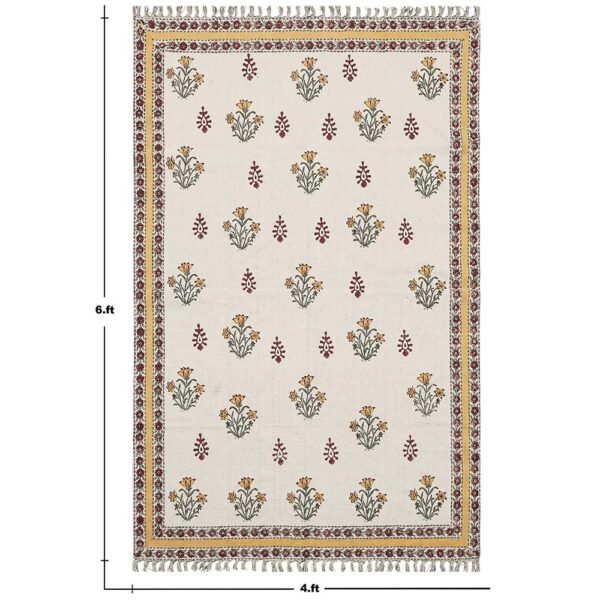 Yellow Floral Block Printed Cotton Area Carpet - Image 3