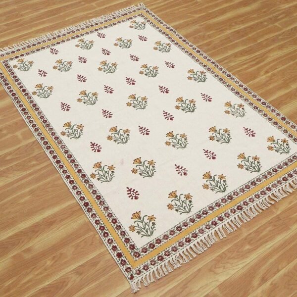 Yellow Floral Block Printed Cotton Area Carpet - Image 4