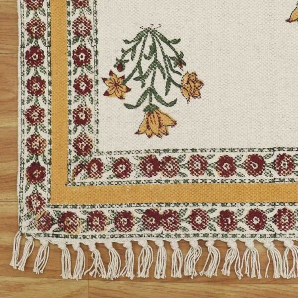 Yellow Floral Block Printed Cotton Area Carpet - Image 5