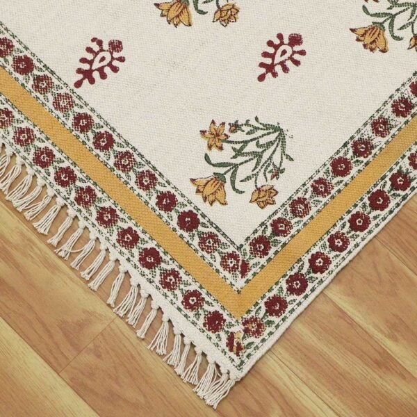 Yellow Floral Block Printed Cotton Area Carpet - Image 6