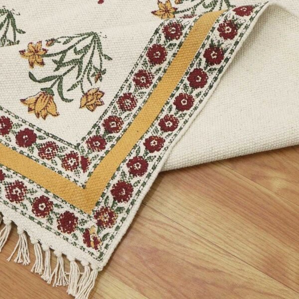 Yellow Floral Block Printed Cotton Area Carpet - Image 7