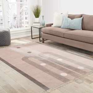 Geometric Block Printed Cotton Beige Large Area Rug