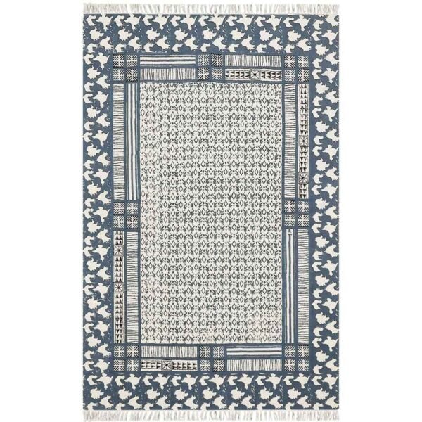 Hand Block Printed Cotton Blue Hallway Area Rug