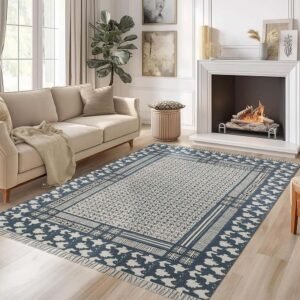 Hand Block Printed Cotton Blue Hallway Area Rug
