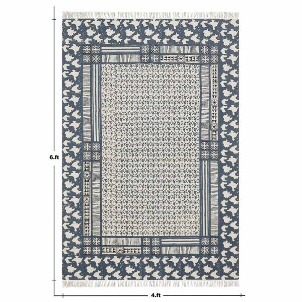 Hand Block Printed Cotton Blue Hallway Area Rug - Image 3