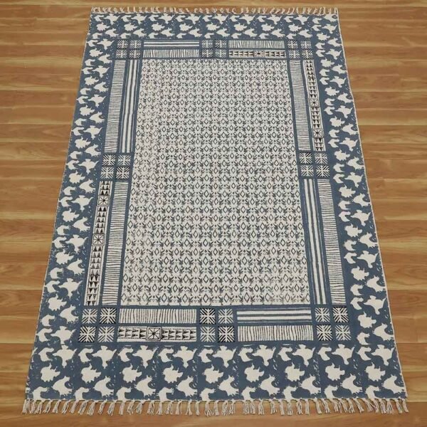 Hand Block Printed Cotton Blue Hallway Area Rug - Image 4