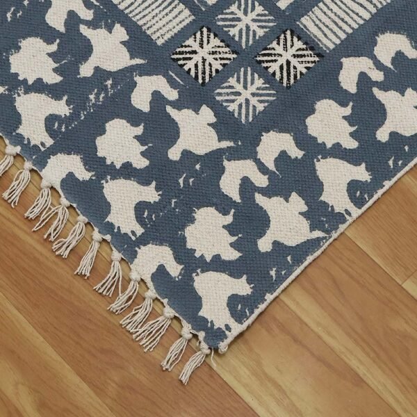Hand Block Printed Cotton Blue Hallway Area Rug - Image 6