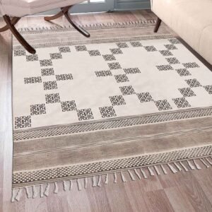 Hand Block Printed Cotton Beige Large Area Rug
