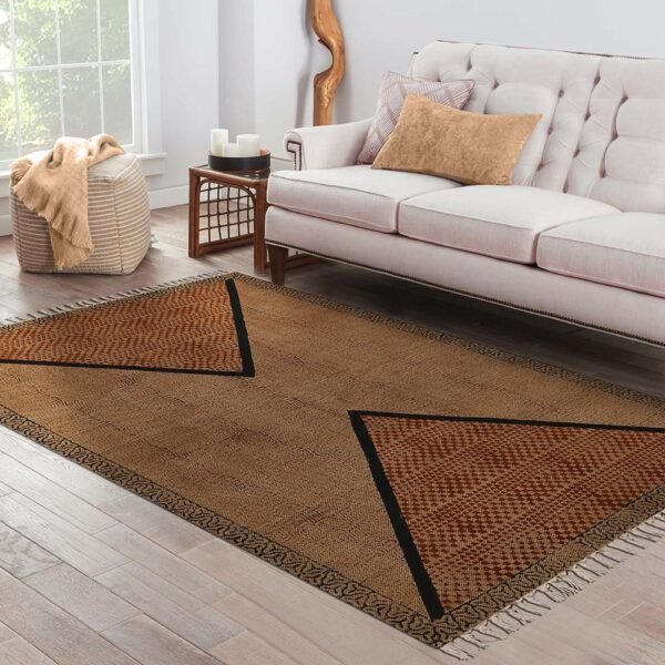 Hand Block Printed Cotton Brown Area Rug - Image 2