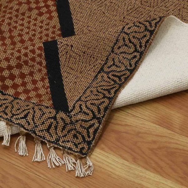 Hand Block Printed Cotton Brown Area Rug - Image 6