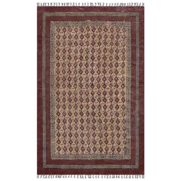 Maroon Hand Block Printed Cotton Area Rug