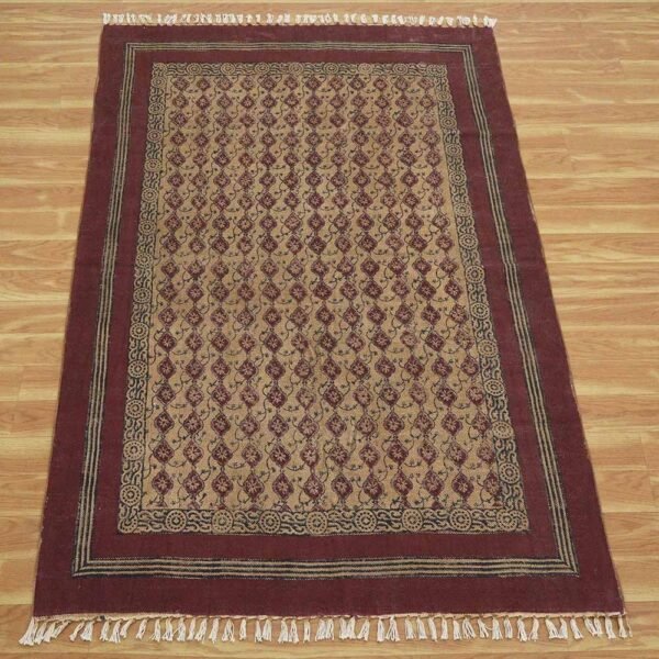Maroon Hand Block Printed Cotton Area Rug - Image 4