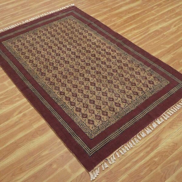 Maroon Hand Block Printed Cotton Area Rug - Image 5