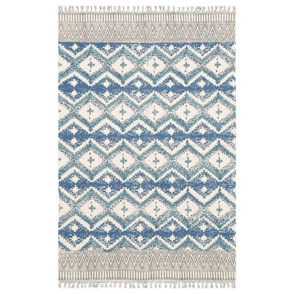 Blue Hand Block Printed Cotton Hall Area Rug
