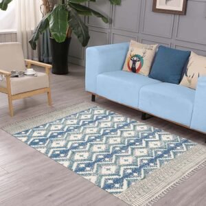 Blue Hand Block Printed Cotton Hall Area Rug