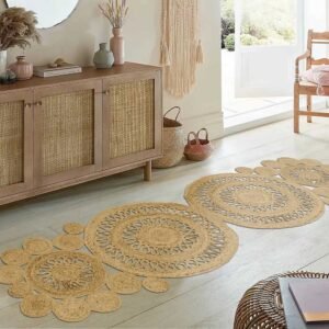 Hand Braided Beige Runner Rug Scalloped Design