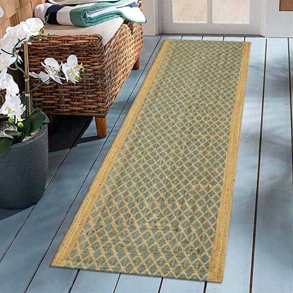 Handmade Green Jute Rug With Classic Block Printed Design - Image 2