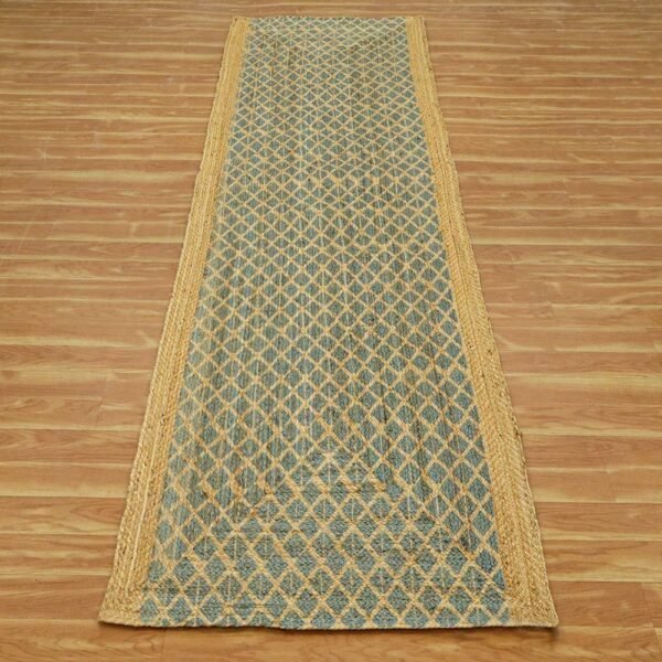Handmade Green Jute Rug With Classic Block Printed Design - Image 3