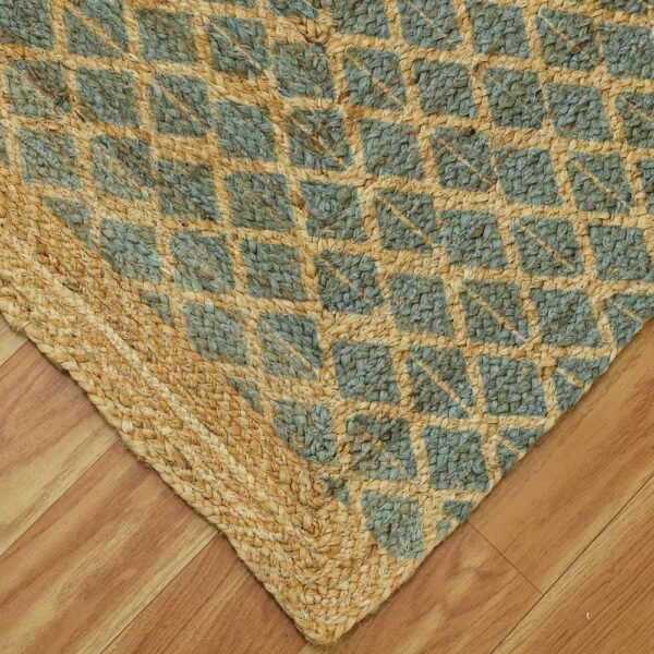 Handmade Green Jute Rug With Classic Block Printed Design - Image 4