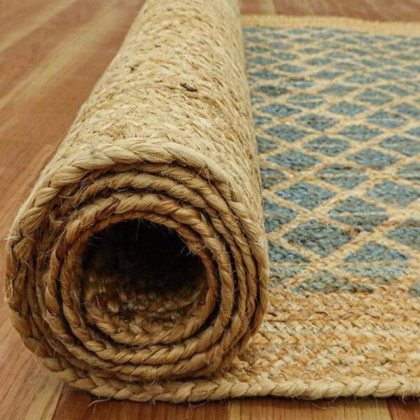 Handmade Green Jute Rug With Classic Block Printed Design - Image 6