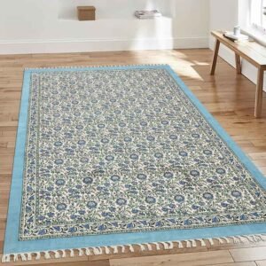 Blue Block Printed Rug Handmade Floral Rug