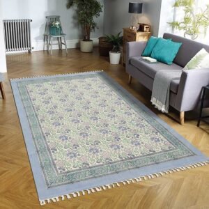 Floral Hand Block Printed Cotton Area Rug
