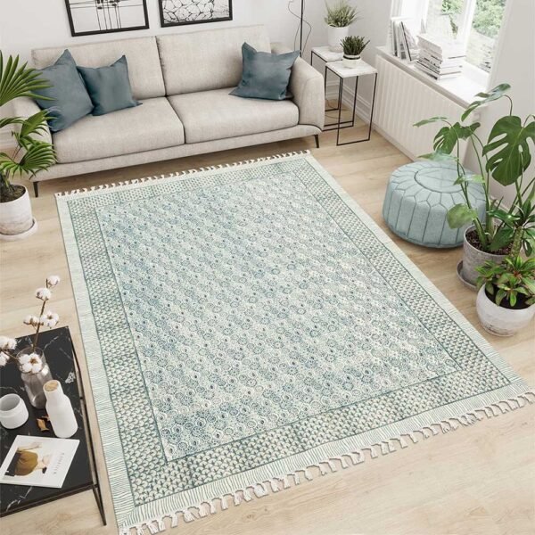 Gray Floral Area Rug Hand Block Cotton Rug - Image 2