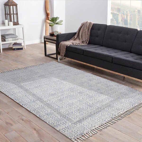 Blue Block Printed Cotton Handmade Rugs - Image 2