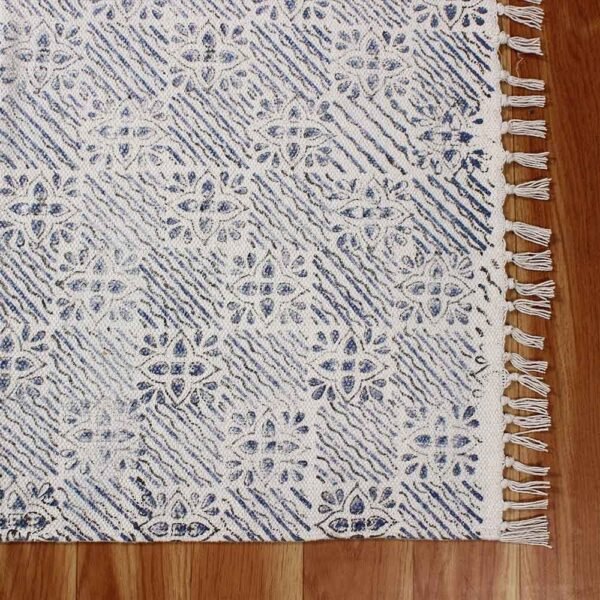 Blue Block Printed Cotton Handmade Rugs - Image 4