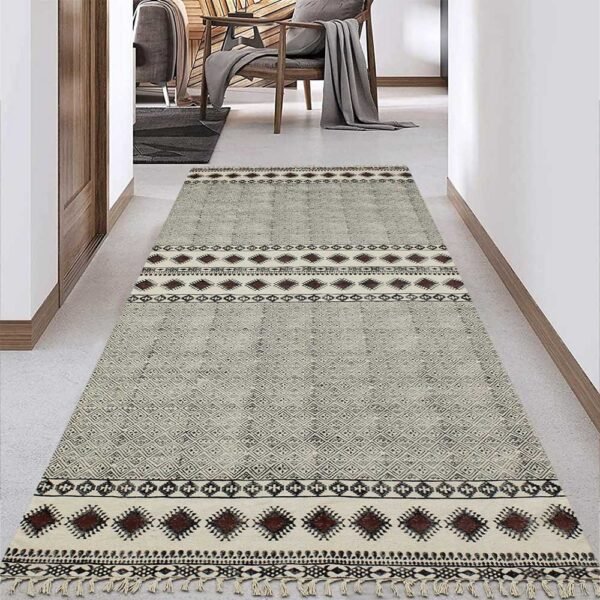 Hand Block Printed Brown Cotton Area Rug - Image 2