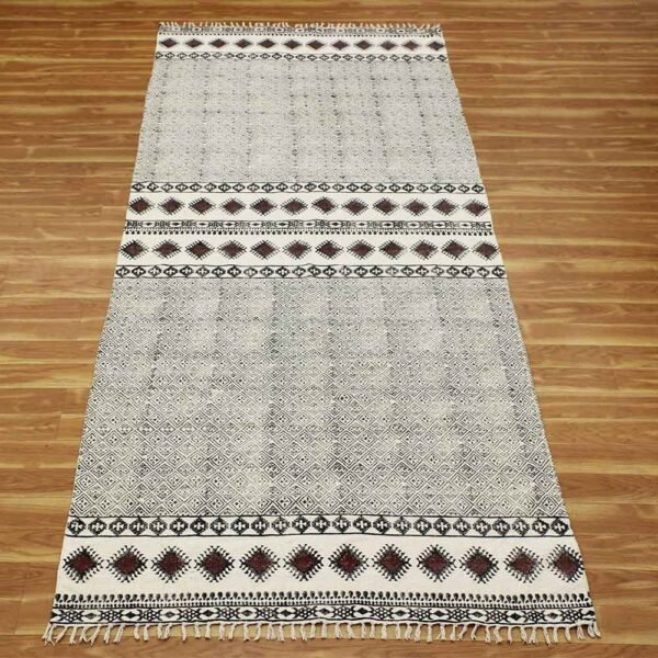 Hand Block Printed Brown Cotton Area Rug - Image 4