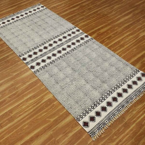 Hand Block Printed Brown Cotton Area Rug - Image 5