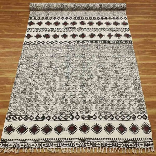 Hand Block Printed Brown Cotton Area Rug - Image 7