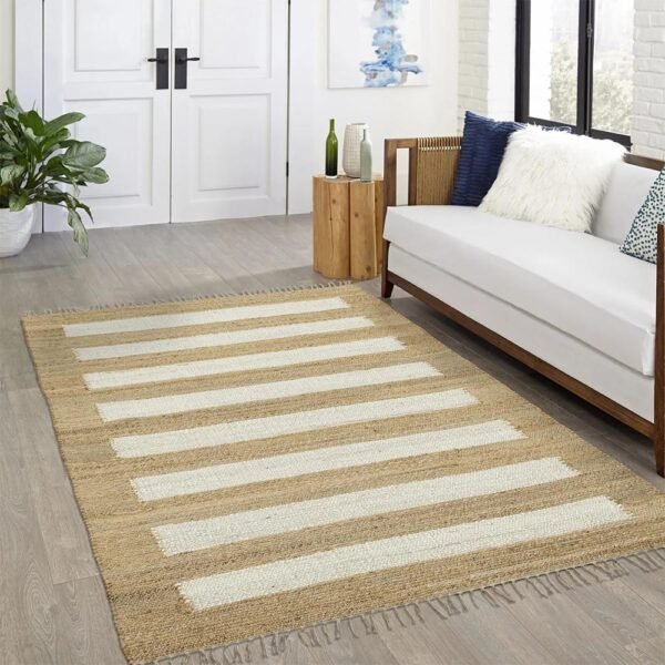 Striped White Hand Woven Jute Rug - Image 2
