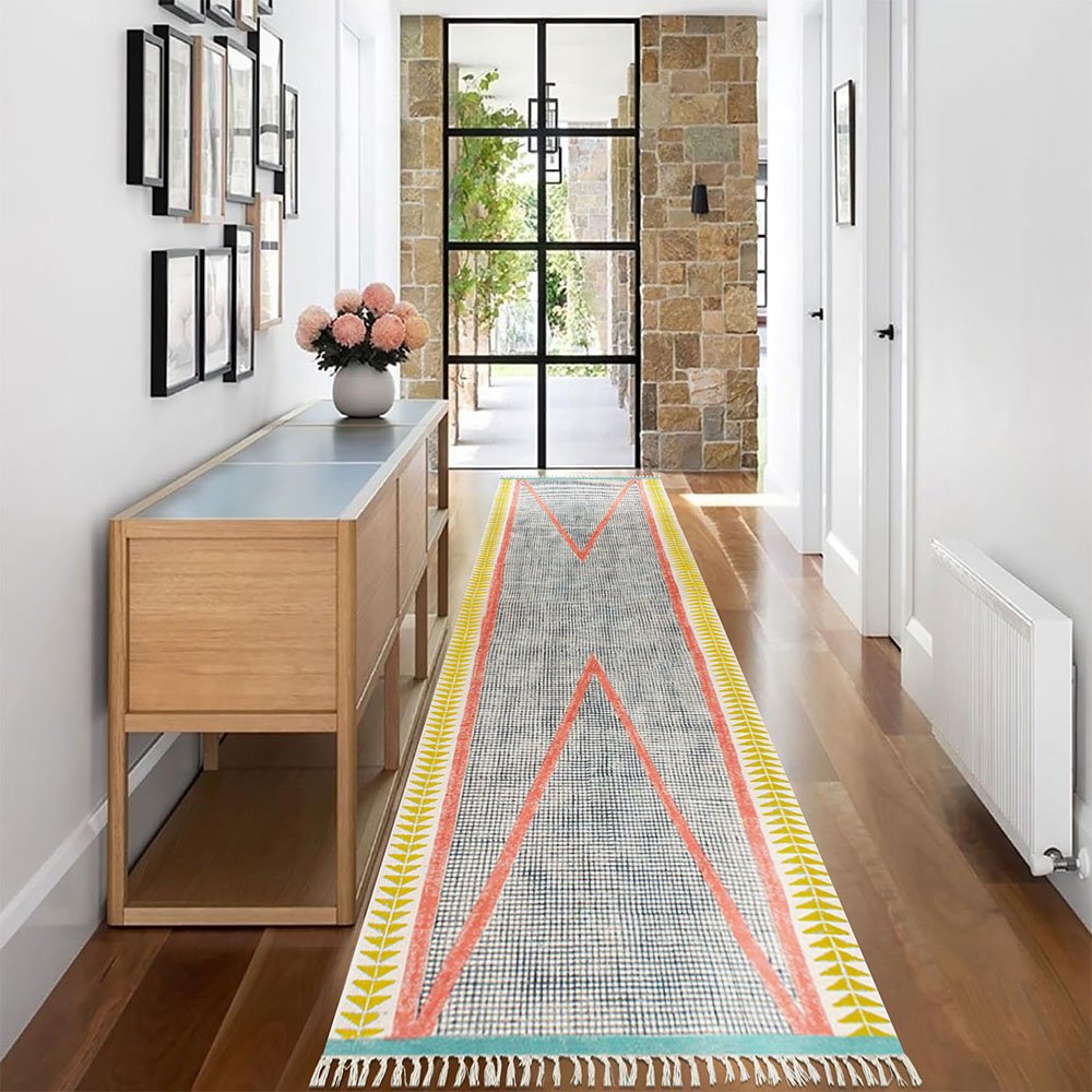 Hand Block Printed Geometric Yellow Cotton Rug - Image 2