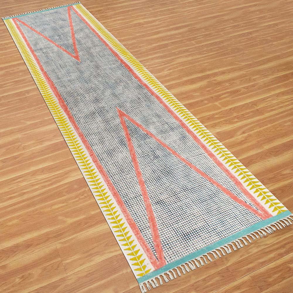 Hand Block Printed Geometric Yellow Cotton Rug - Image 8